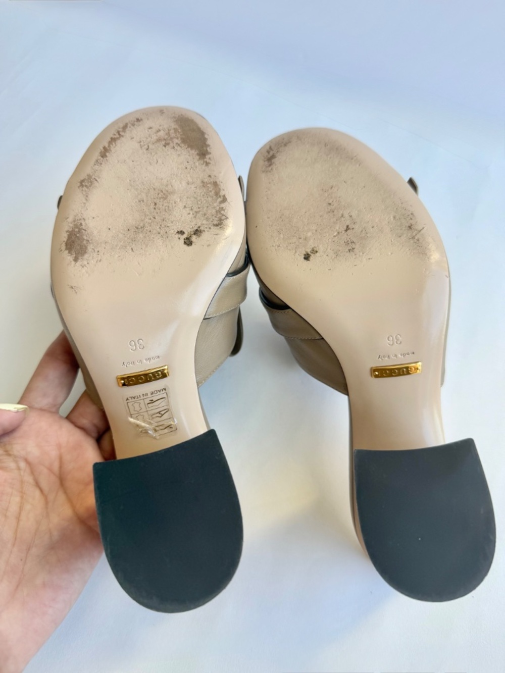 Gucci GG Marmont Fringe Mule Block Heel Beige Leather Size 6 - Picture 7 of 8
